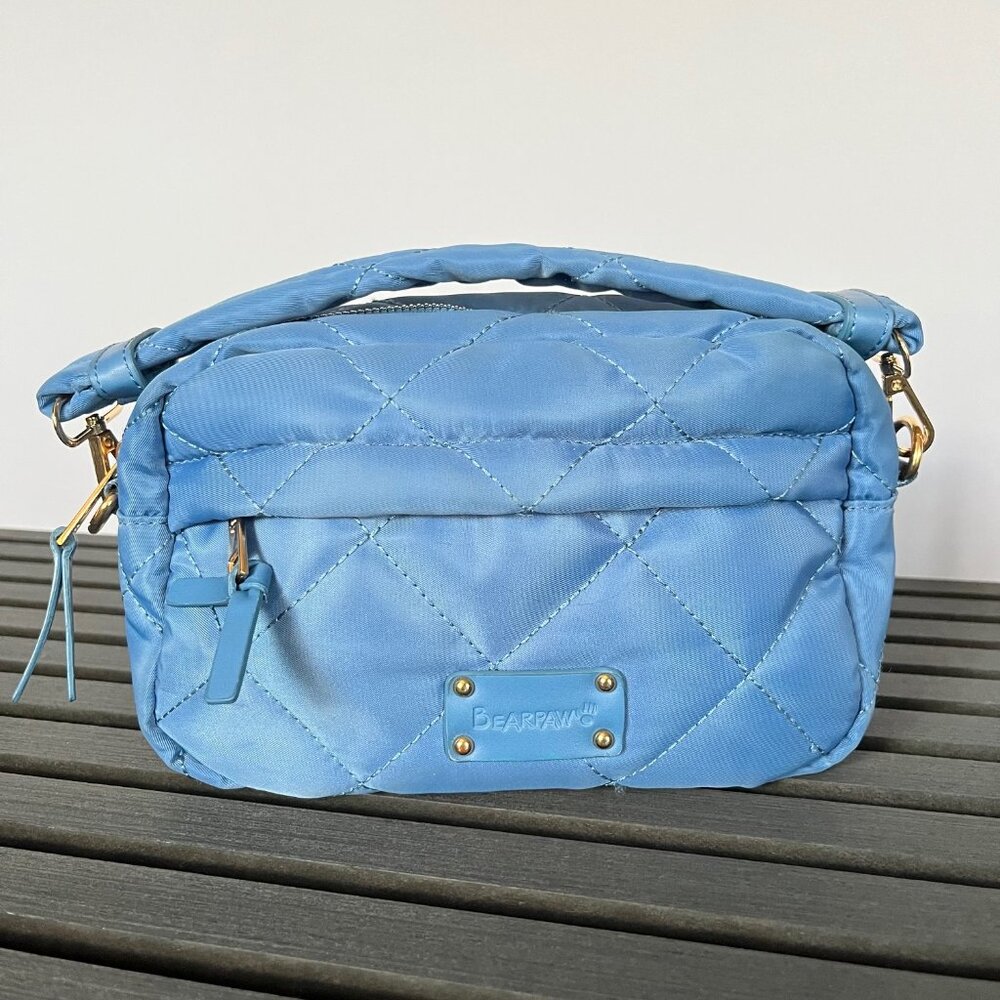 BEARPAW Quilted Purse with Short Handle and gold-tone hardware. Blue